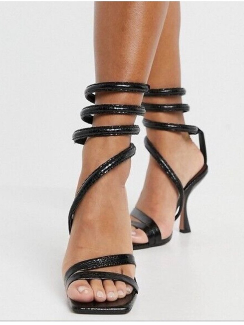 ASOS DESIGN Nixon Black Snake Wrap Around Coil Ankle Strap Sandal Heels Size 9.5